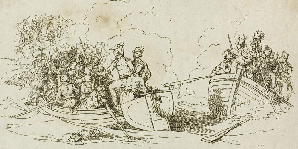 British troops land from boats at a shoreline under Abercrombie; a black lithograph on paper by John Augustus Atkinson showing a military arrival scene.