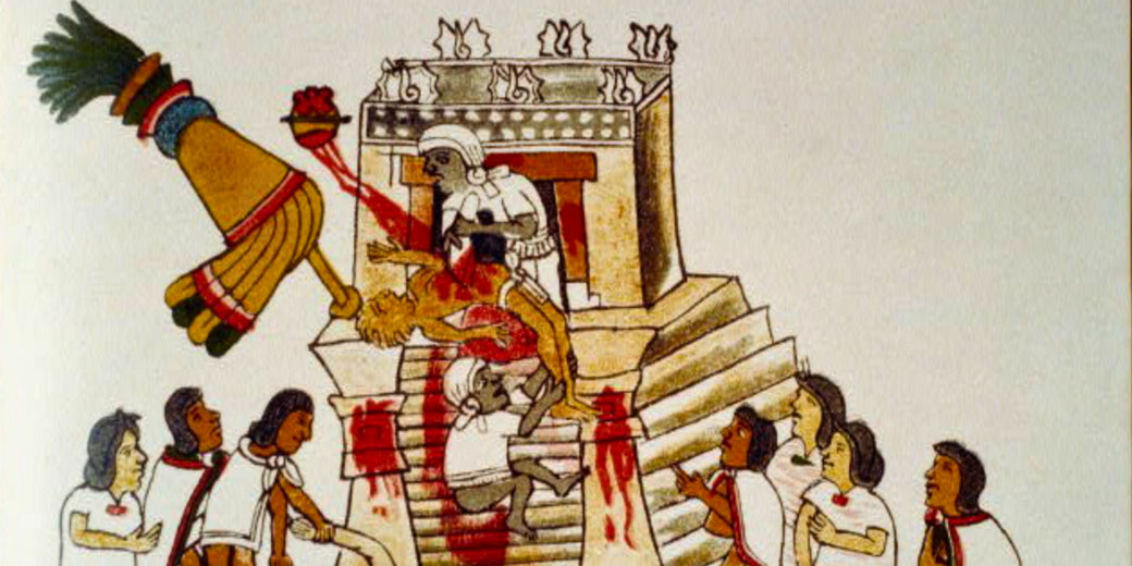 An Aztec codex illustration depicting a human sacrifice ritual. A priest removes a victim’s heart atop a temple, with blood flowing down the steps, while onlookers observe.