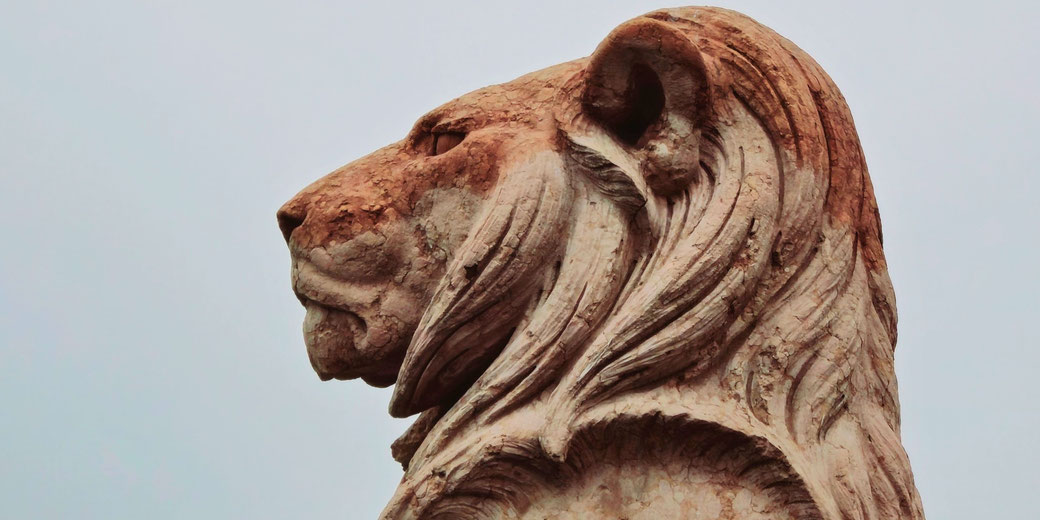 A close-up of a weathered marble lion statue, showcasing intricate details of its mane and a stoic expression against a muted sky background.