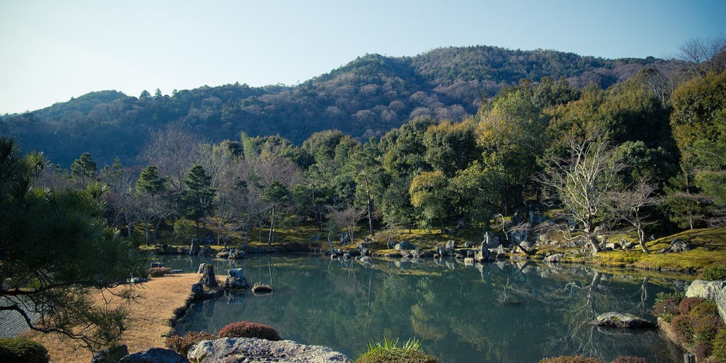 A serene Japanese garden with a reflective pond, surrounded by lush greenery, rocks, and trees.