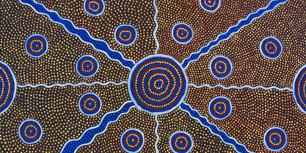 An Aboriginal dot painting features concentric circles, dotted patterns, and wavy lines in earthy and blue tones.