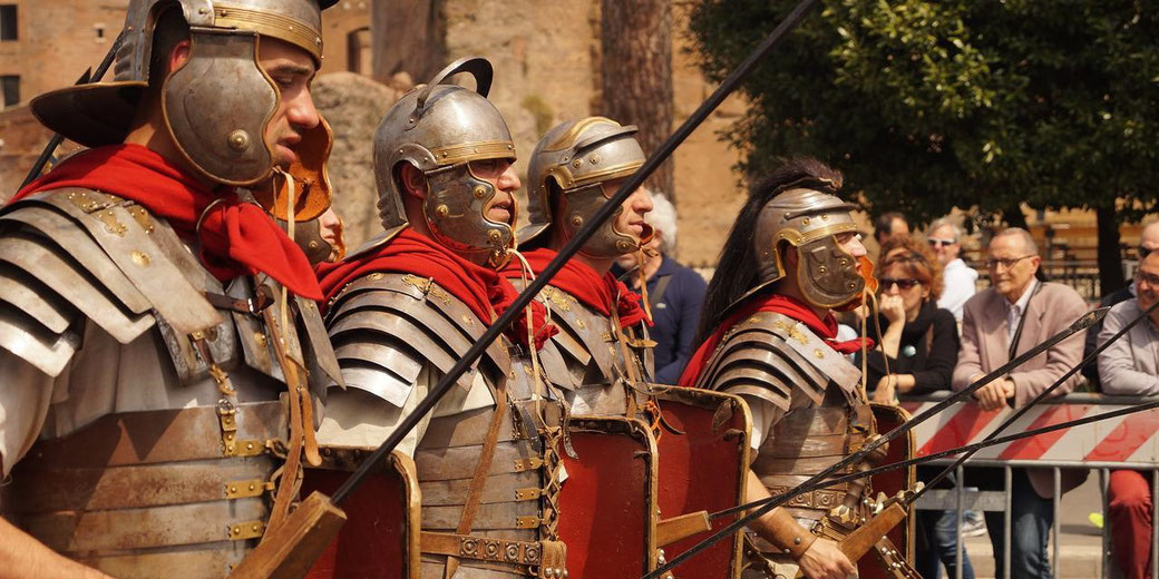 Roman soldiers marching on parade