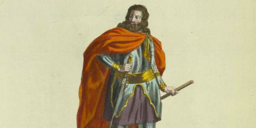 A historical illustration of a bearded man in medieval armor with a red cape, a sword, and a baton.
