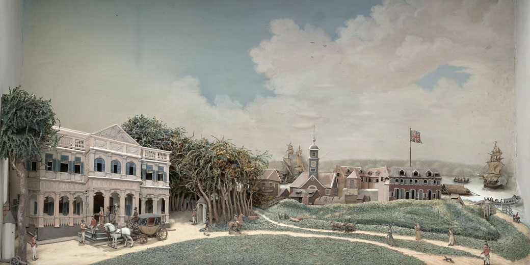 The Government Square in Paramaribo, Suriname, during colonial times. It features colonial buildings, a carriage, British soldiers, townspeople, and ships near the waterfront.