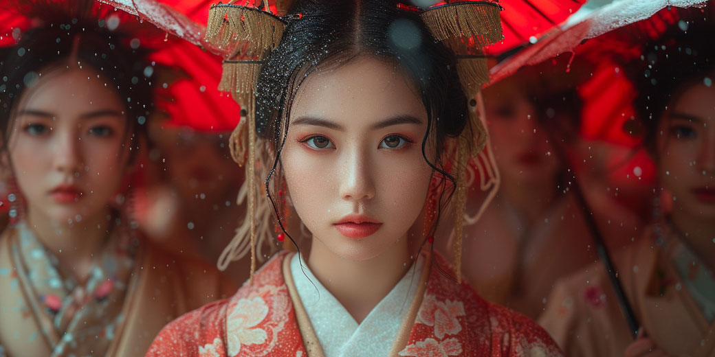 A woman in traditional Japanese attire, adorned with intricate hair ornaments, standing in the rain. Behind her, others in kimonos hold red parasols, creating a striking, atmospheric scene.