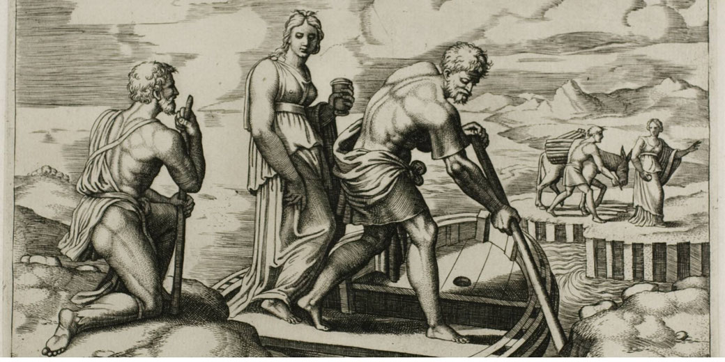 An engraving in brown ink on cream laid paper showing Psyche boarding Charon’s boat, attributed to Master of the Die after Michiel Coxcie I.