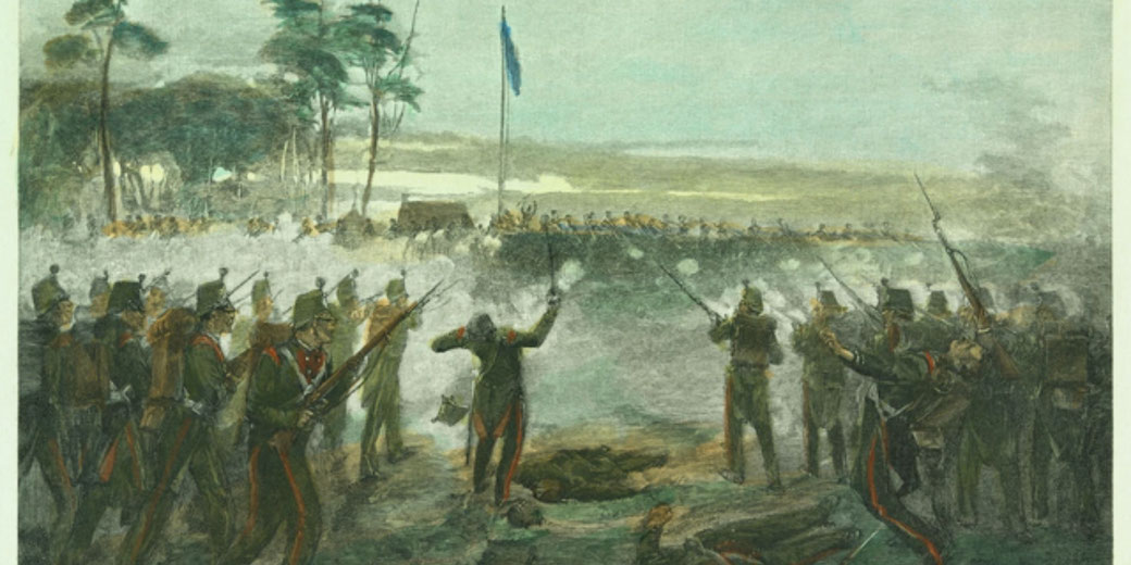 A hand-coloured wood engraving showing soldiers attacking the Eureka Stockade in Ballarat, 1854, with miners defending the barricade amid smoke and chaotic battle action.