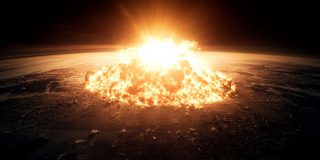 A massive fiery explosion resembling a nuclear blast, spreading across a dark landscape, with intense light and flames illuminating the surrounding area.