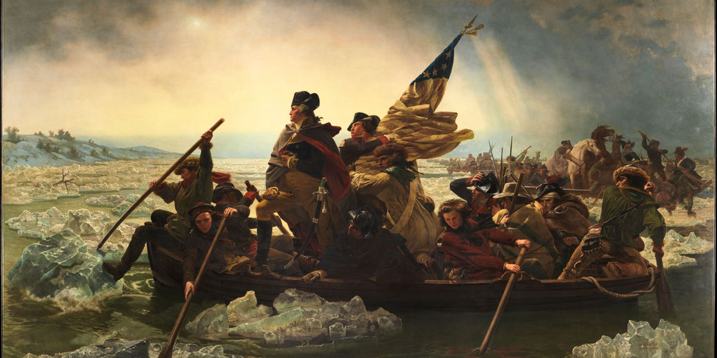 Historical painting of George Washington leading troops across an icy river, standing in a boat with a flag billowing behind him.
