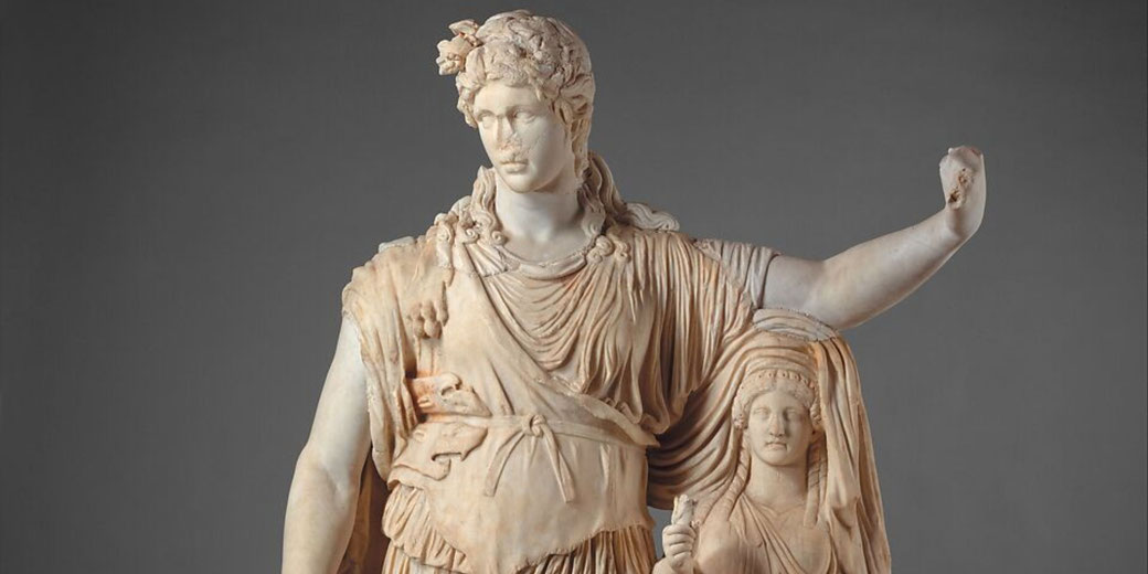 Marble statue of Dionysos in a panther skin, leaning on an archaistic female figure, possibly Spes.