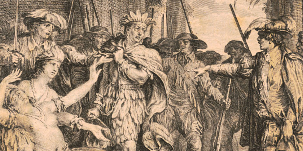 A historical engraving depicts European colonists capturing a Native American leader, as distressed women plead. Armed men surround them, emphasizing conflict and power imbalance.