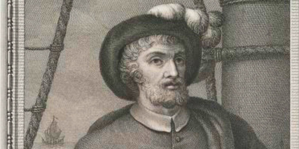 An old engraving of a bearded man in a turban with decorative elements, possibly a historical explorer or navigator.