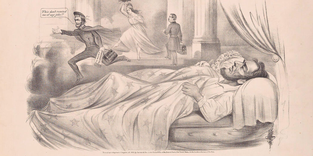 This political cartoon depicts Abraham Lincoln dreaming, while a figure resembling Jefferson Davis flees in distress. The imagery symbolizes Lincoln’s leadership and the Confederacy’s defeat during the Civil War.