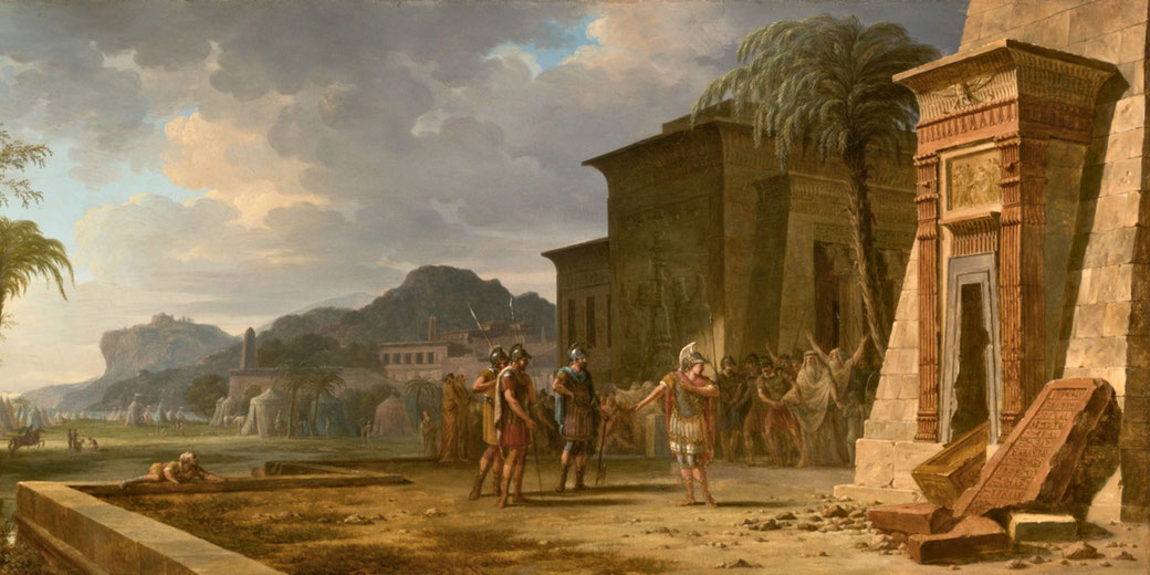 Alexander stands before Cyrus's desecrated tomb, surrounded by soldiers and ancient ruins under a cloudy sky.