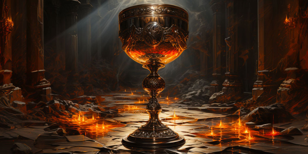 A glowing, ornate chalice stands on a cracked, lava-lit floor inside a dark, ancient hall with towering pillars and scattered rubble.