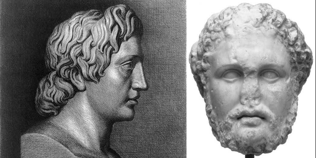 Side-by-side image showing a profile drawing of a young man with wavy hair and a front-facing ancient marble bust with a beard and damaged features.