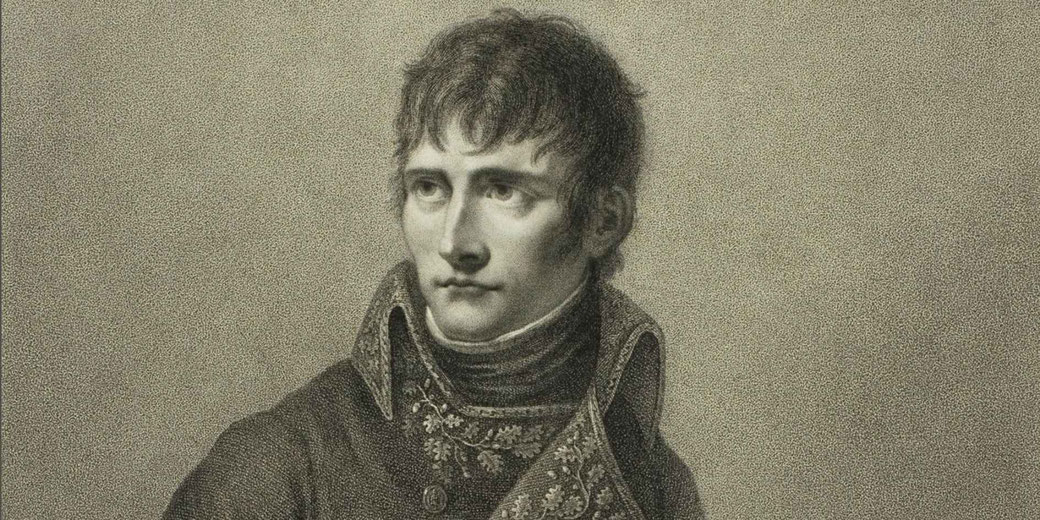 A historical engraving of a young man in a high-collared military uniform adorned with intricate embroidery.