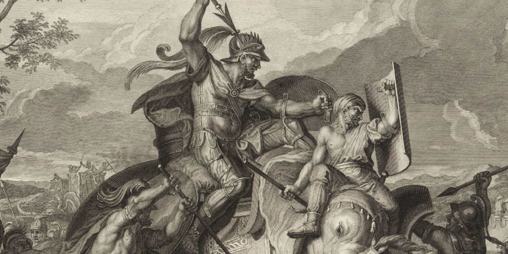 A historical engraving depicting Alexander the Great defeating King Porus. The dramatic battle scene shows Alexander striking an enemy on horseback amid intense combat and chaos.