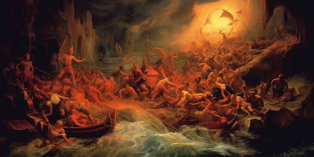 A chaotic battle scene set in a dark, hellish landscape with warriors fighting amid turbulent waters.