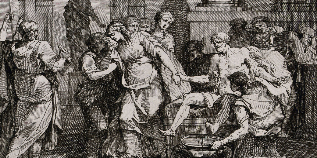 Etching of a dramatic deathbed scene with emotional figures gathered around a reclining, dying man in a classical setting.