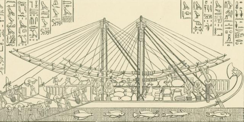 Ancient Egyptian line drawing of a large trade ship with rigging, cargo, crew, and hieroglyphs surrounding the scene.