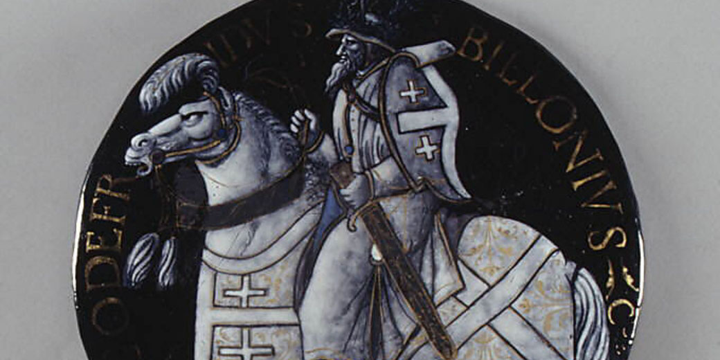 Medieval-style enamel medallion depicting a knight with a cross-emblazoned cloak riding a horse, surrounded by Latin text.