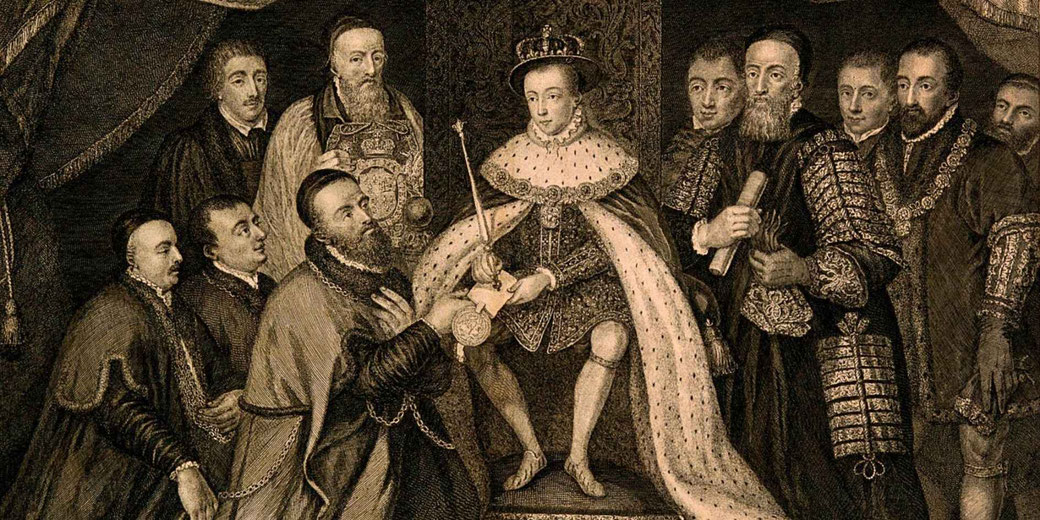 An engraved historical scene depicts a young crowned monarch in regal attire, seated on a throne, handing a document to a kneeling figure.