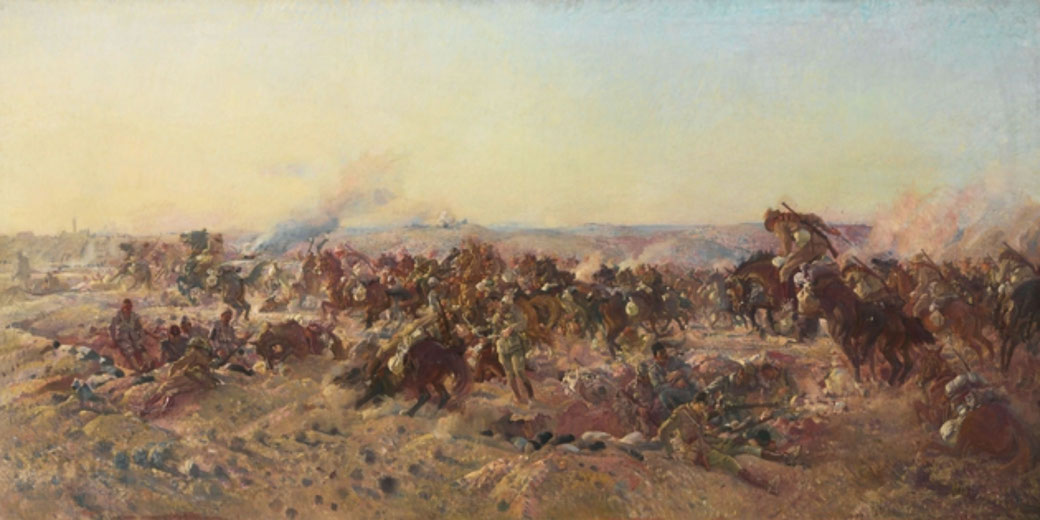 A chaotic cavalry charge unfolds across a dusty battlefield, with soldiers on horseback clashing amid smoke, fallen fighters, and scattered gear.