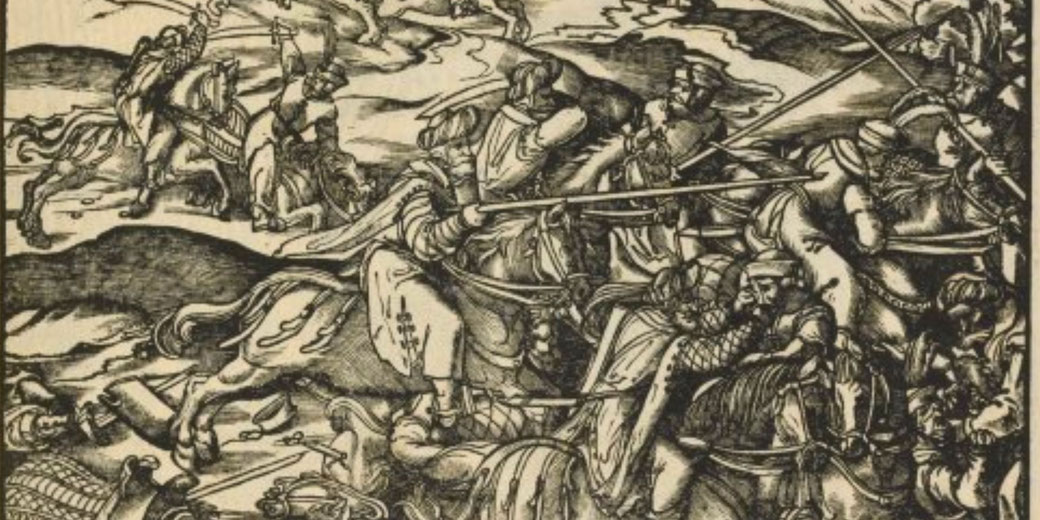 A dramatic cavalry battle, with horse riders in combat, wielding swords and spears.