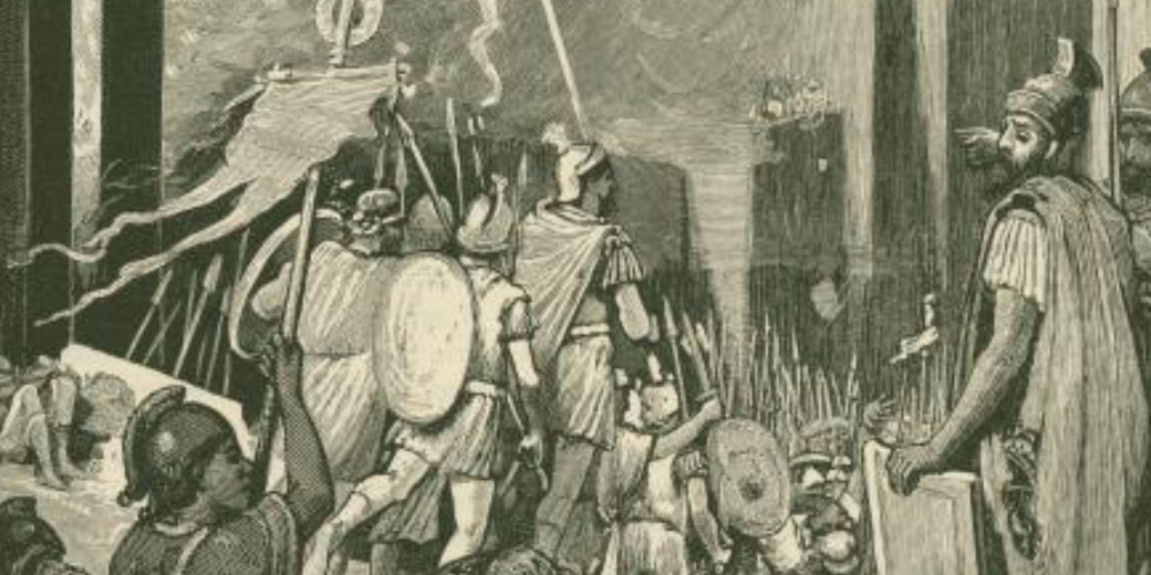 Roman soldiers with shields and banners prepare for battle near towering gates, as lightning strikes and chaos brews.