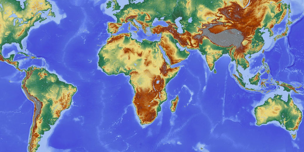 A colorful topographic map of the world highlights elevation changes, with mountains in brown, lowlands in green, and oceans in blue.