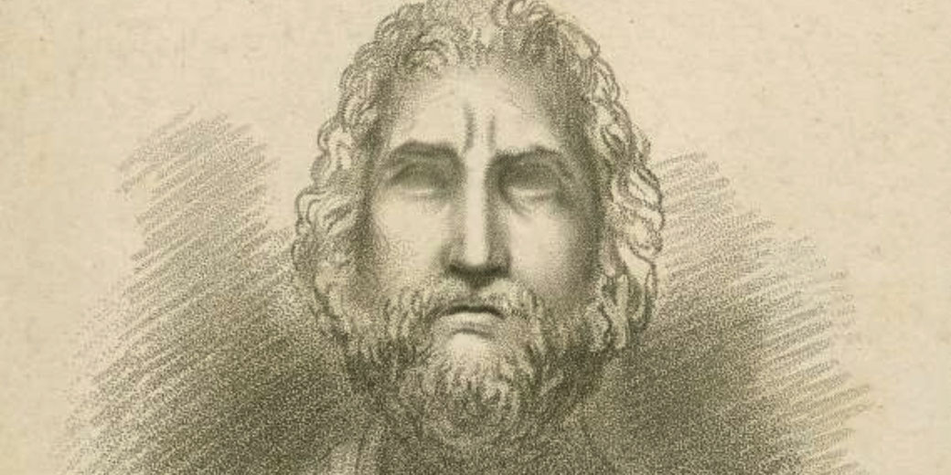Monochrome sketch of a bearded man with long hair, shown from the shoulders up, with a solemn facial expression and soft shading.