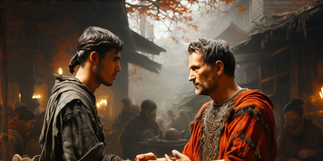  An ancient Roman soldier meeting an Ancient Chinese merchant