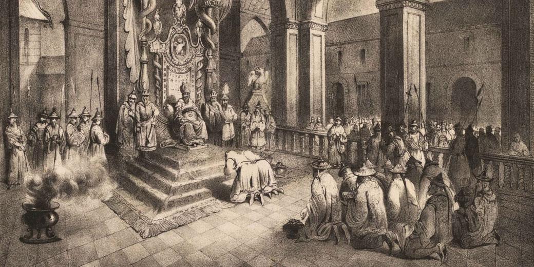 A grand imperial court scene with a ruler on an ornate throne, surrounded by officials and guards. Kneeling figures perform a deep bow, showing reverence in a ceremonial setting.
