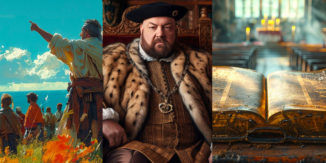 A triptych featuring explorers at sea, a Renaissance nobleman, and an old Bible in a church, representing key themes of early modern history—exploration, monarchy, and the Reformation.