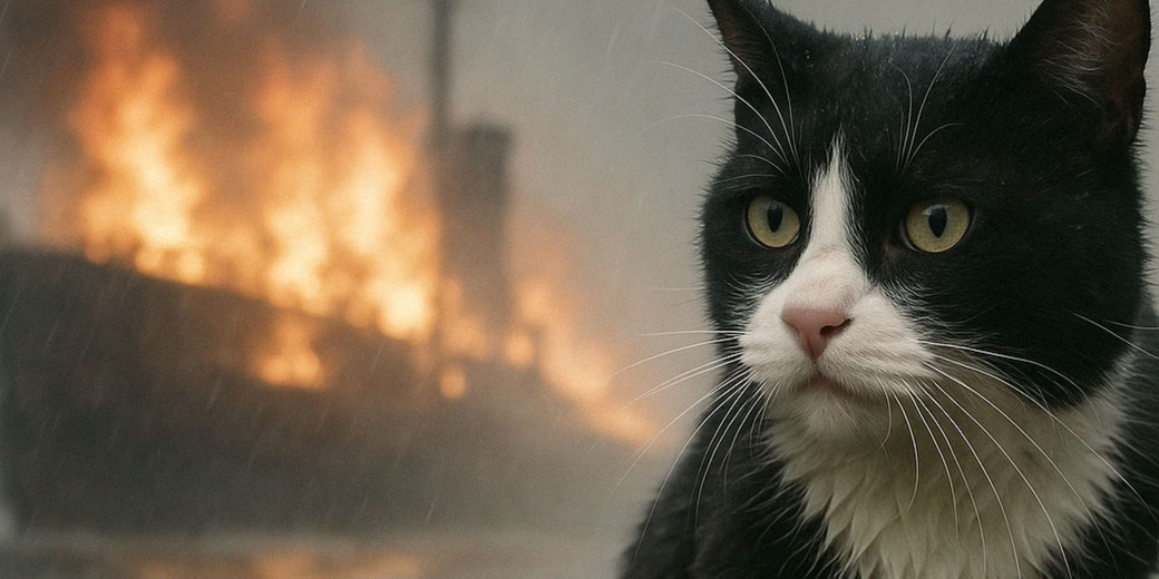 A black and white cat stares ahead as flames engulf a ship in the background under rain.