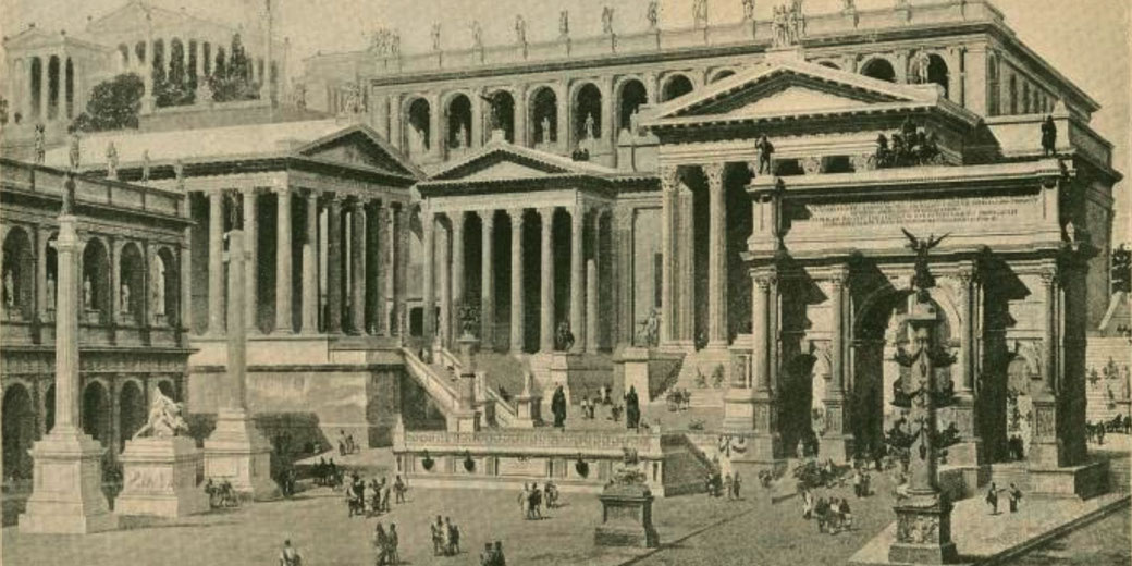 An artistic reconstruction of the Roman Capitol and Forum during the imperial period, depicting grand temples, arches, statues, and columns with people walking through the bustling square.