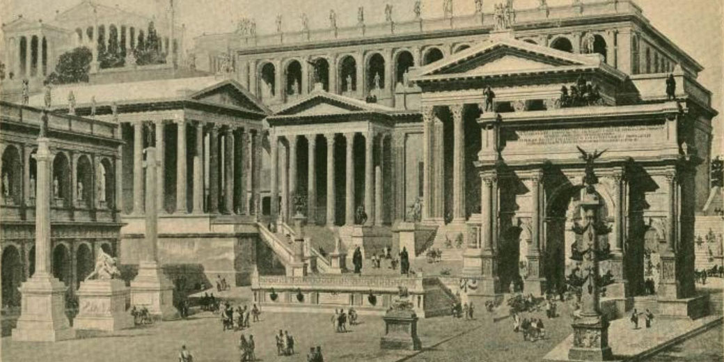 An artistic reconstruction of the Roman Capitol and Forum during the imperial period, depicting grand temples, arches, statues, and columns with people walking through the bustling square.