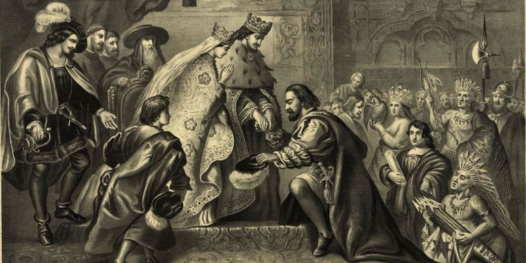 Engraving of a royal court scene where a kneeling man presents offerings to a king and queen, surrounded by courtiers and indigenous figures.