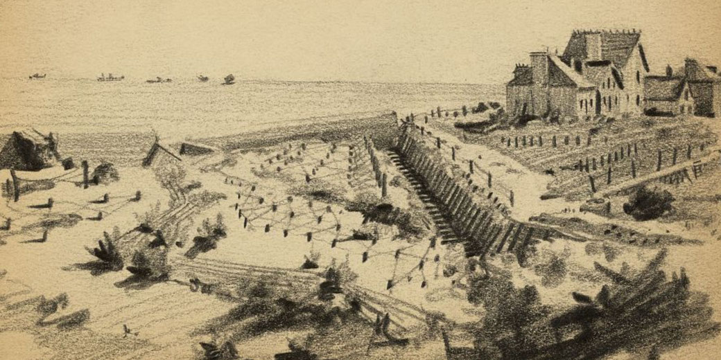Charcoal drawing depicts a fortified coastline with beach defenses, buildings, and ships on the horizon.