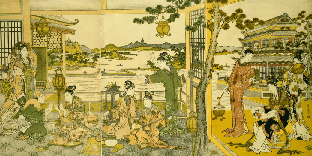 An elegant banquet scene in ancient China, where finely dressed women engage in music, tea, and conversation.