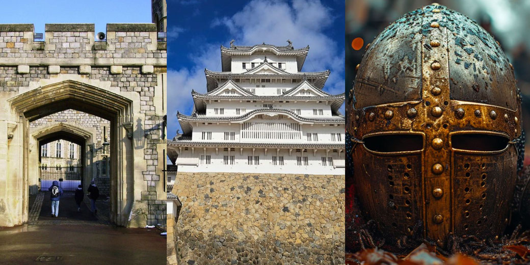 A triptych featuring a medieval European castle, Japan’s Himeji Castle, and a Viking-style helmet, representing different aspects of medieval history—Europe, Japan, and the Norse world.