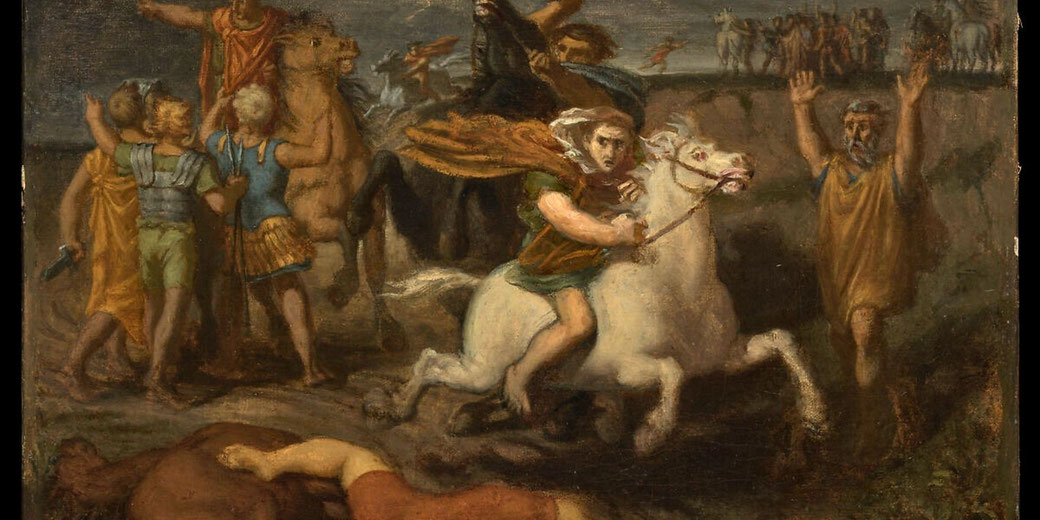 A mounted warrior rides urgently through a tense scene, turning back as figures react behind him, capturing betrayal and shifting allegiance during a historical conflict.