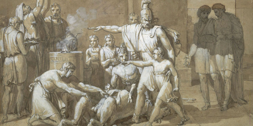 19th-century French drawing depicting young Hannibal taking an oath beside his father during a sacrificial ritual.