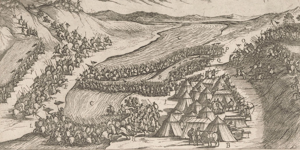 Xenophon leads his army across the Centrine River on horseback, engaging enemies on the opposite bank.