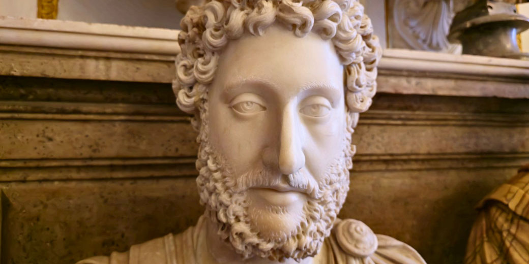 Marble bust of a man with thick curly hair and a full beard, wearing a toga with a fibula clasp.