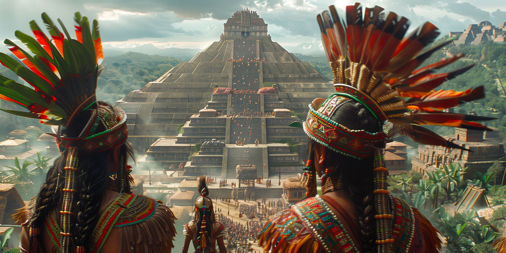 Two figures in elaborate feathered headdresses overlook a grand stepped pyramid bustling with people.