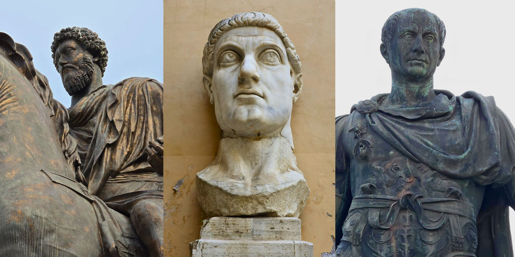 A collage of three statues: a bronze equestrian figure, a large marble head with wide eyes, and a bronze armored leader