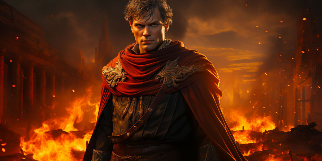 Emperor Nero staring at the camera, with the ancient city of Rome burning in the background