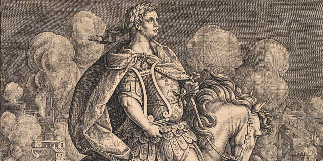 Engraving of a Roman-style warrior on horseback, wearing armor and laurel crown, set against a cityscape engulfed in rising smoke.